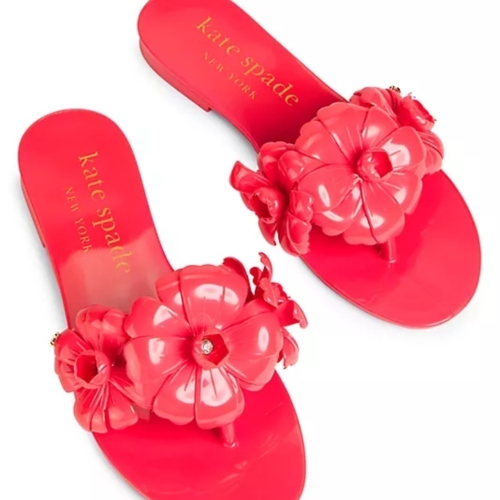 kate spade new york::Jaylee Floral Gold Logo Jelly Sandals::Ponderosa Red::NIB:: - Picture 2 of 10